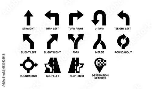 Road signs collection: arrows, turns, forks, merges, roundabouts
