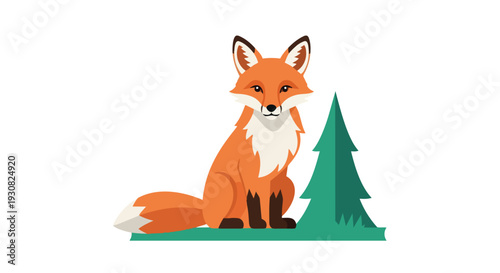 Stylized illustration of a friendly fox sitting beside a green evergreen tree in a minimalist natural setting