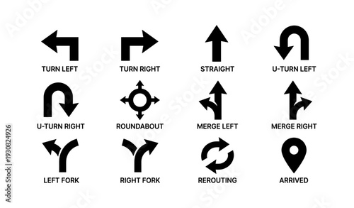 Navigation symbols set: arrows, u-turns, roundabout, rerouting, arrival icons