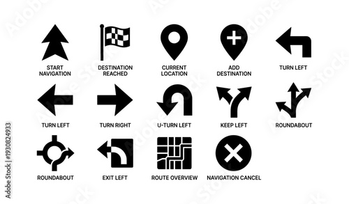 Navigation icons set: arrows, locations, directions, and routes for maps