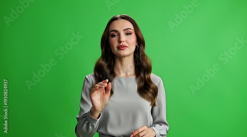 Woman Waving Hand in Front Green Screen.