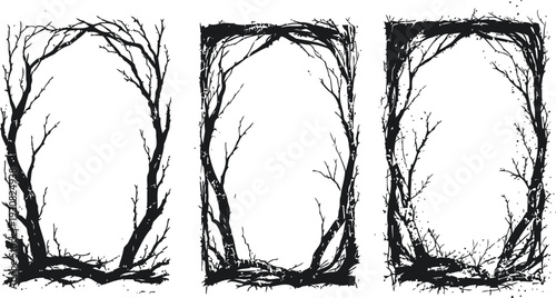 grungy bare tree frames set dead branches creating dark natural borders in rustic