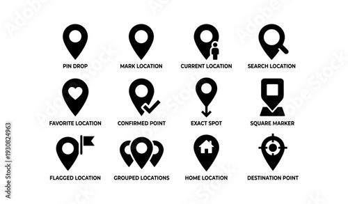 Set of gps location icons: pin drop, mark, current, search, favorite, confirmed, exact, square, flagged, grouped, home, destination