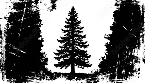 vintage grunge pine tree silhouette with textured border in black and white design