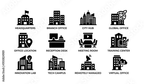 Icon set of office types including headquarters, branch, city hub, global, and virtual offices