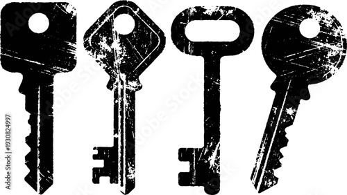 Four antique and modern vintage keys silhouettes isolated on white background