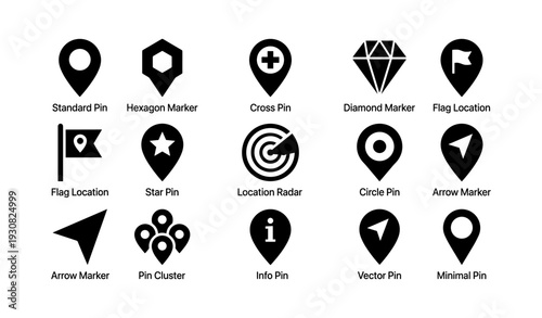 Black map icons collection: pins, markers, flags, stars, info