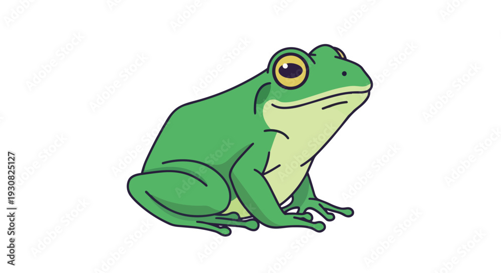 Obraz premium A charming cartoon illustration of a green frog with bright yellow eyes and a light green belly sitting calmly on a white background