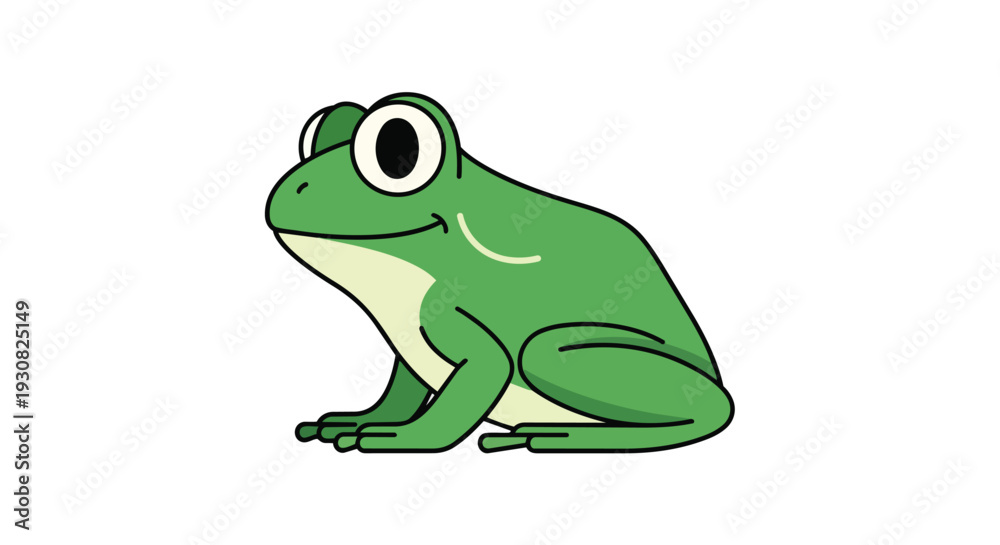 Obraz premium Cute cartoon green frog illustration with big eyes and a happy smile on a white background