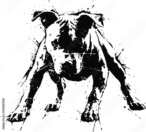 Black and white sketch of a muscular dog standing with an intense alert pose and splattered ink details
