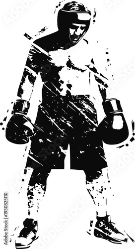 Boxer silhouette with gloves and headgear standing ready for fight grunge illustration