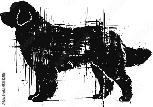 Silhouette of a standing dog with textured grunge effect design in black and white