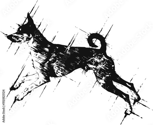 black ink splatter illustration of a jumping dog silhouette with abstract brush strokes