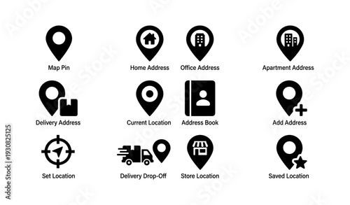Map and location icons set featuring home, office, and delivery addresses