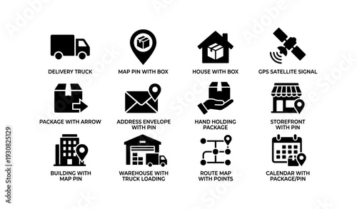 Transportation and parcel delivery icon set: truck, map, satellite, store, warehouse
