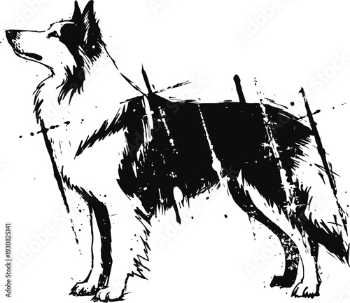 Black and white border collie dog silhouette with paint splatter artistic design