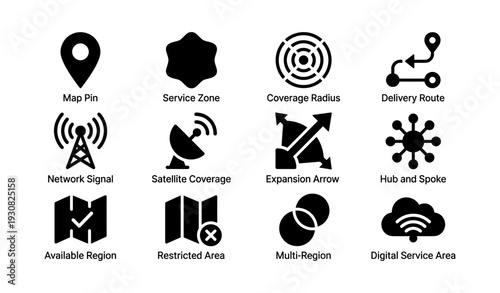 Vector icons: map pin, satellite, network, digital, expansion, delivery, service, multi-region, hub, restricted area