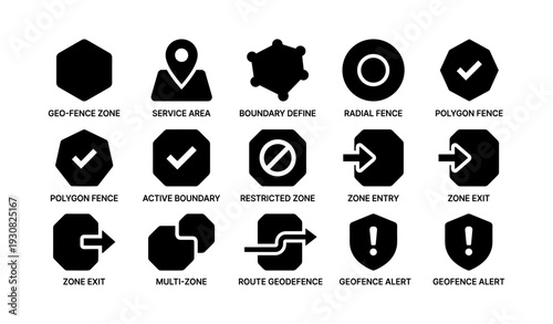 Geofence icons set: service area, boundary, radial fence, alert symbols