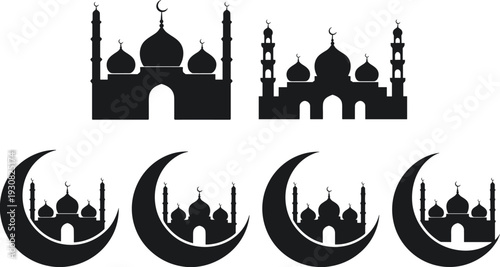 Islamic mosque and crescent moon silhouette collection with Ramadan theme, black flat vector illustration set