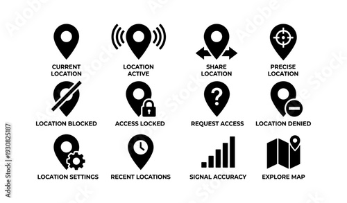 Location icons set: navigation, access, and map symbols