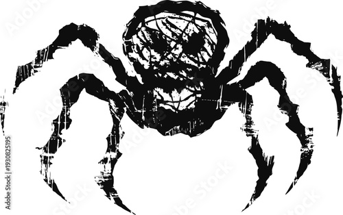 black grunge spider silhouette with rough texture and eight legs isolated on white background