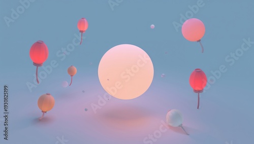 Round Light and Floating Lanterns in a Blue Space With Soft Colors Highlighti...