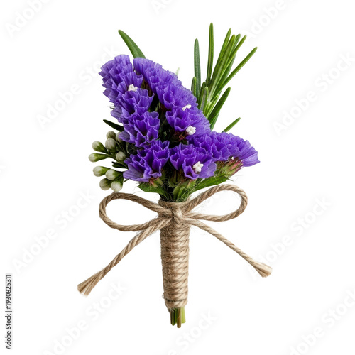 Purple flower boutonniere with rosemary and twine