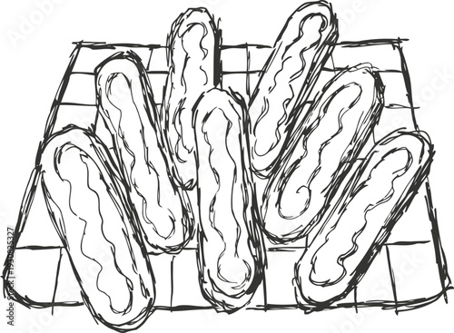 Hand drawn sketch of hot dogs with mustard on a checkered cloth background