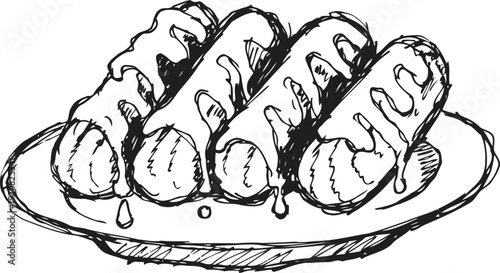 Four hot dogs with sauce on a plate, hand drawn black and white sketch of fast food meal