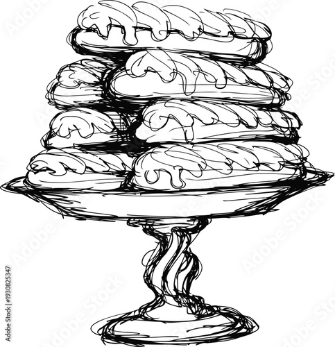 Stack of eclairs on vintage cake stand, hand drawn sketch of layered french pastry dessert