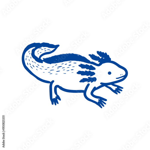 Blue hand drawn axolotl isolated on light background, suitable for aquatic themes, biology education materials, exotic pet branding, and decorative vector use.