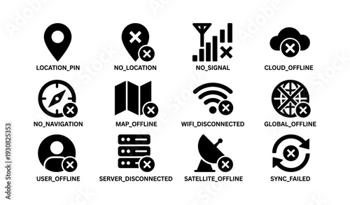 Offline and error icons collection: gps, wifi, cloud, navigation, server disconnected