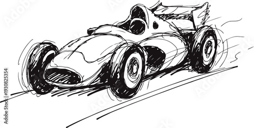 Vintage race car sketch in motion, classic open wheel racing vehicle drawing, retro speed and competition illustration