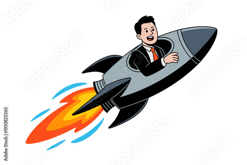 A cartoon businessman riding a rocket ship with a thrilled expression