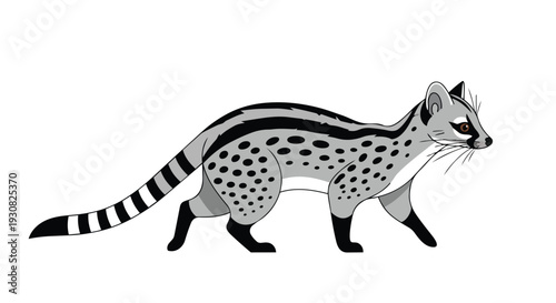 Illustration of a civet cat with distinctive spotted fur and a striped tail walking against a white background