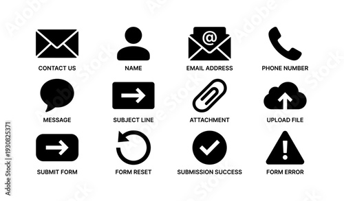 Contact icons set: email, phone, message, attachment, upload, submission
