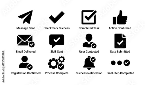 Set of icons: message sent, success checkmarks, completed tasks, notifications