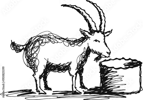 Hand drawn goat beside haystack black ink sketch with rough scribble lines and minimal detail