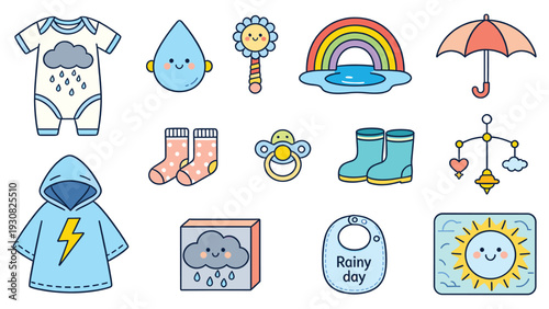 Cute baby stickers and accessories collection with toys and clothes in a playful setting