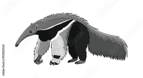 Illustration of a Giant Anteater with its distinctive elongated snout, shaggy fur, and bushy tail, isolated on a white background