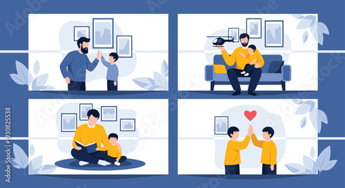 Set of flat vector illustrations depicting happy father and son spending quality time together reading books and playing with toys.