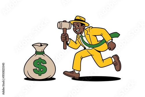 A cartoon man in a yellow suit running with a money bag and a sledgehammer