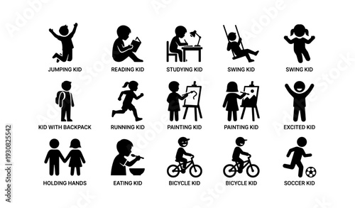 Silhouette activities of children: reading, painting, biking, and more