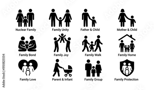 Family icons: unity, bond, joy, protection, care - diverse silhouettes