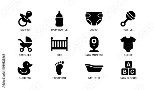 Essential black icons of baby items: pacifier, diaper, stroller, crib, bath tub