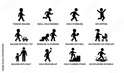 Silhouette icons of children in various activities and movements