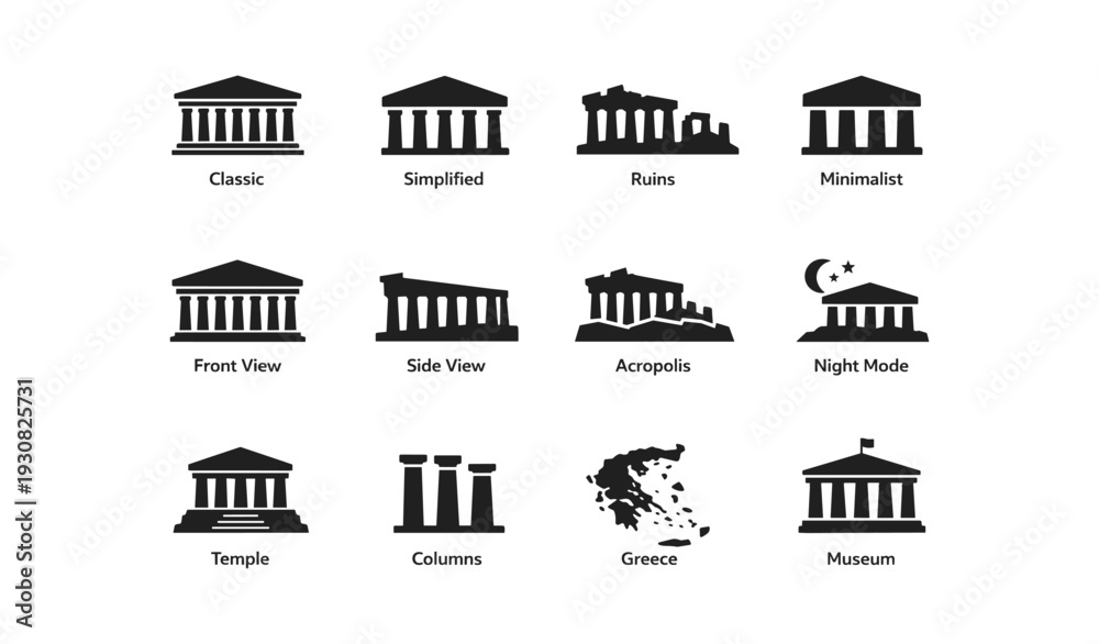 Fototapeta premium Ancient greek architecture icons: classic, acropolis, columns, night mode