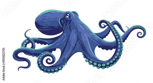 A stylized, vibrant illustration of a deep blue octopus with prominent tentacles and suckers on a clean white background, showcasing marine life