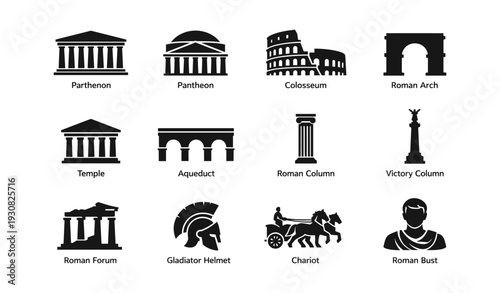 Ancient roman and greek architectural icons: parthenon, colosseum, chariot, helmet, bust
