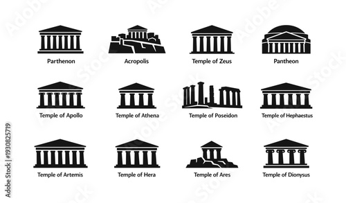Iconic ancient greek temples and structures silhouettes